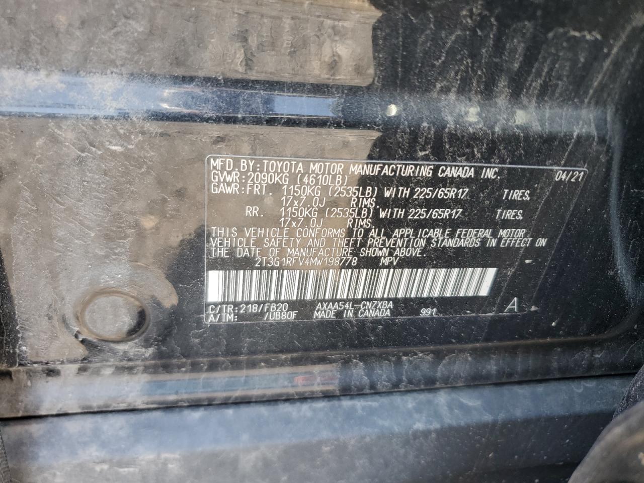 2021 Toyota Rav4 Le VIN: 2T3G1RFV4MW198778 Lot: 71456915