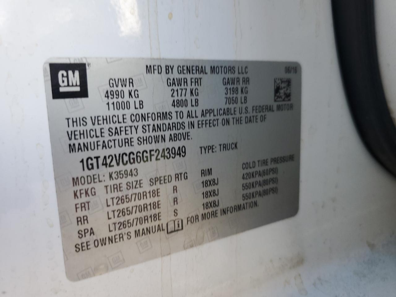 2016 GMC Sierra K3500 VIN: 1GT42VCG6GF243949 Lot: 83846095