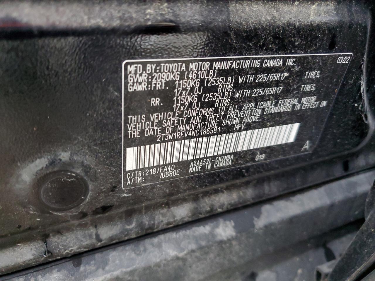 2022 Toyota Rav4 Xle VIN: 2T3W1RFV4NC186581 Lot: 81771795