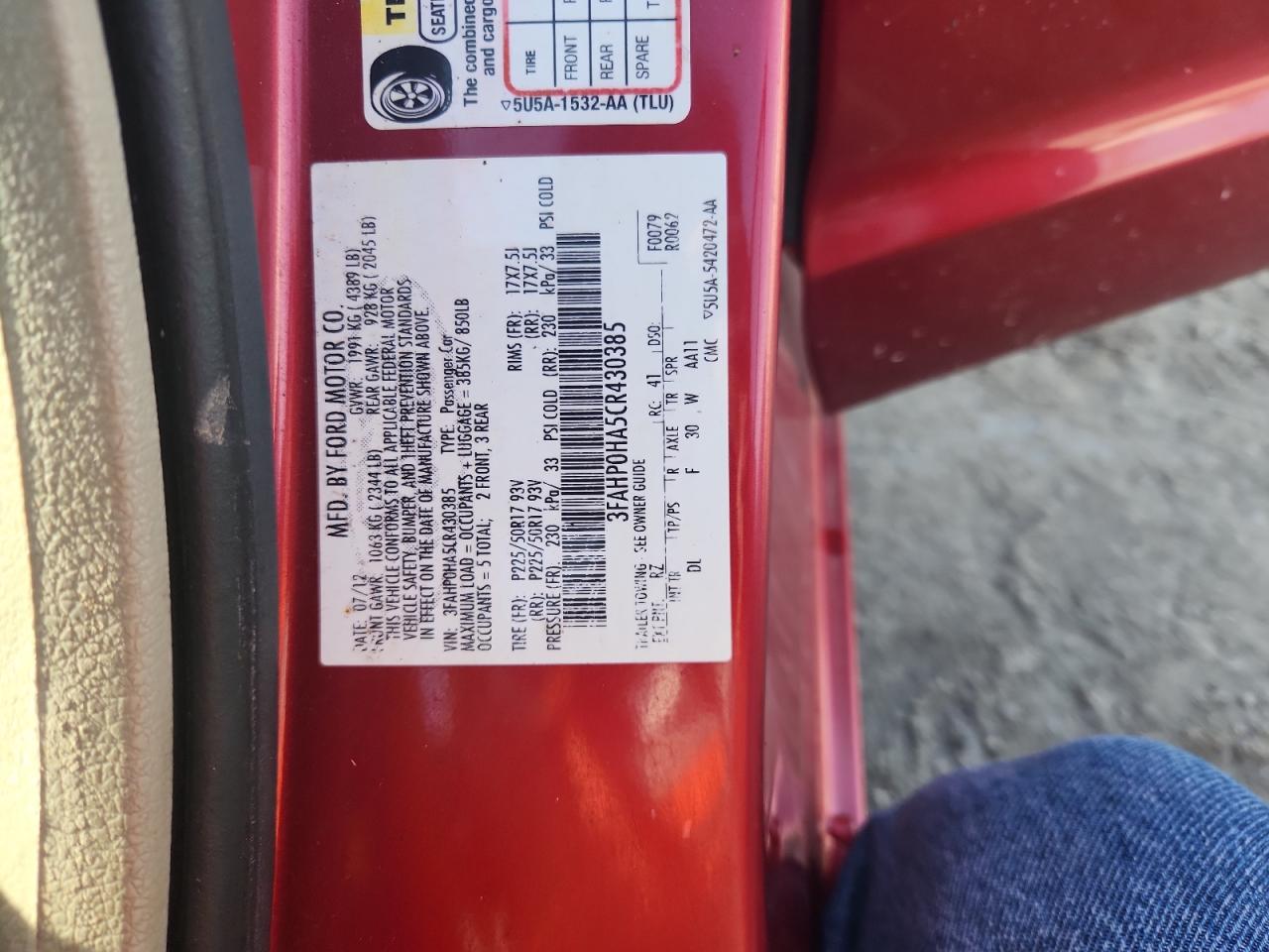 2012 Ford Fusion Se VIN: 3FAHP0HA5CR430385 Lot: 71320825