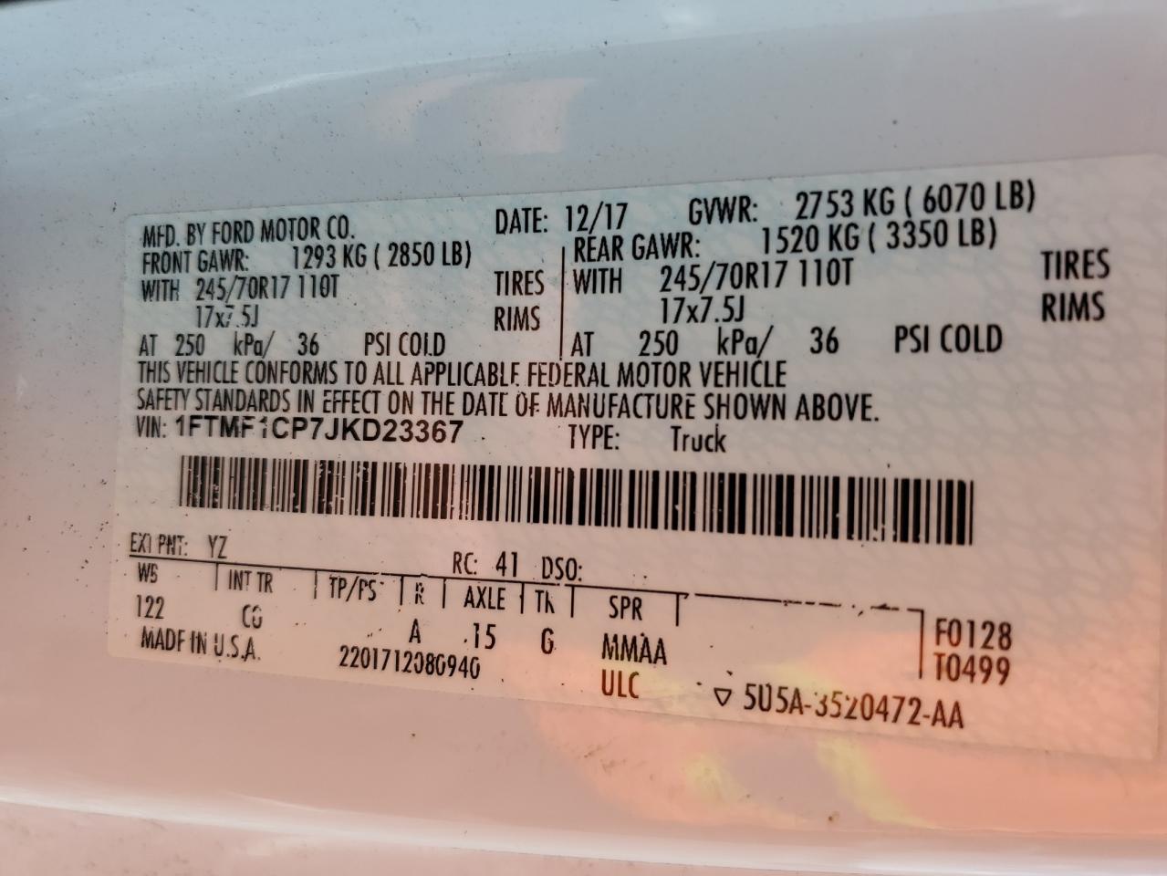 2018 Ford F150 VIN: 1FTMF1CP7JKD23367 Lot: 81574465