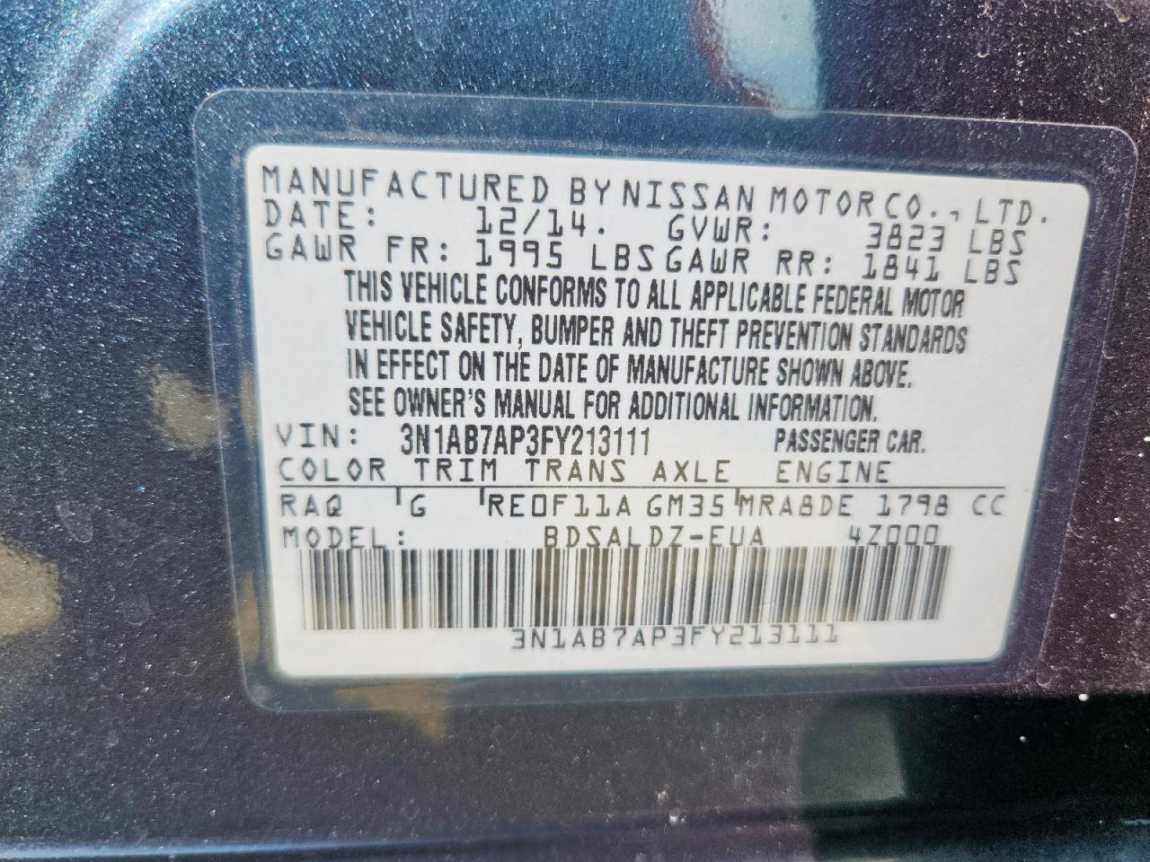 2015 Nissan Sentra S VIN: 3N1AB7AP3FY213111 Lot: 81319575