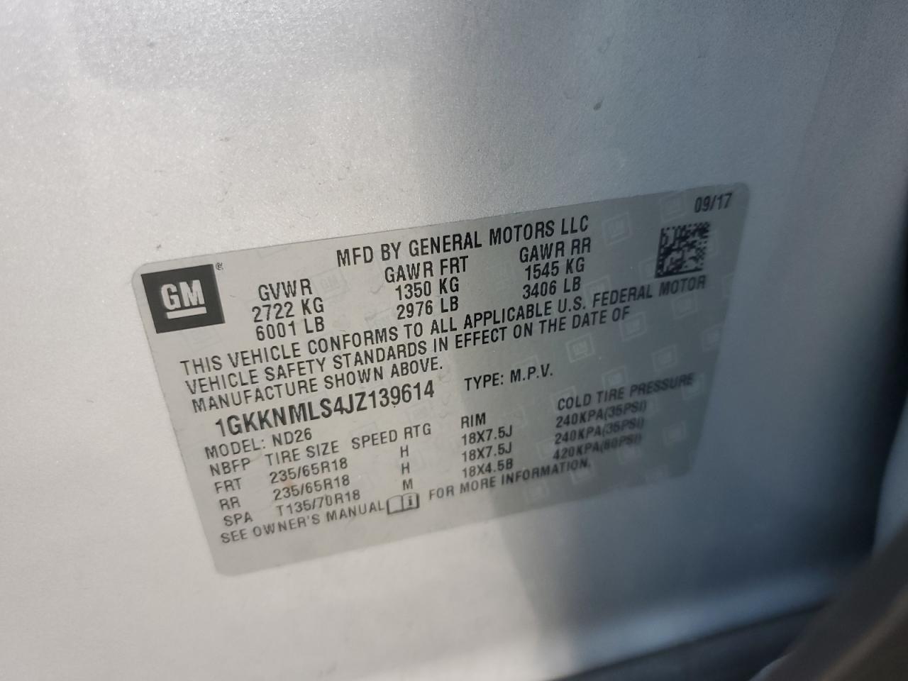 2018 GMC Acadia Slt-1 VIN: 1GKKNMLS4JZ139614 Lot: 80326475