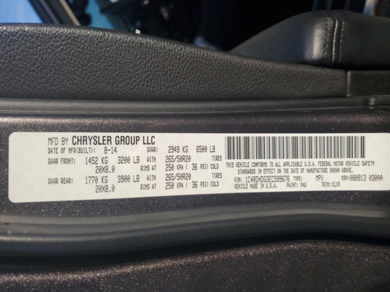 2014 Dodge Durango Limited VIN: 1C4RDHDG3EC599676 Lot: 84559695