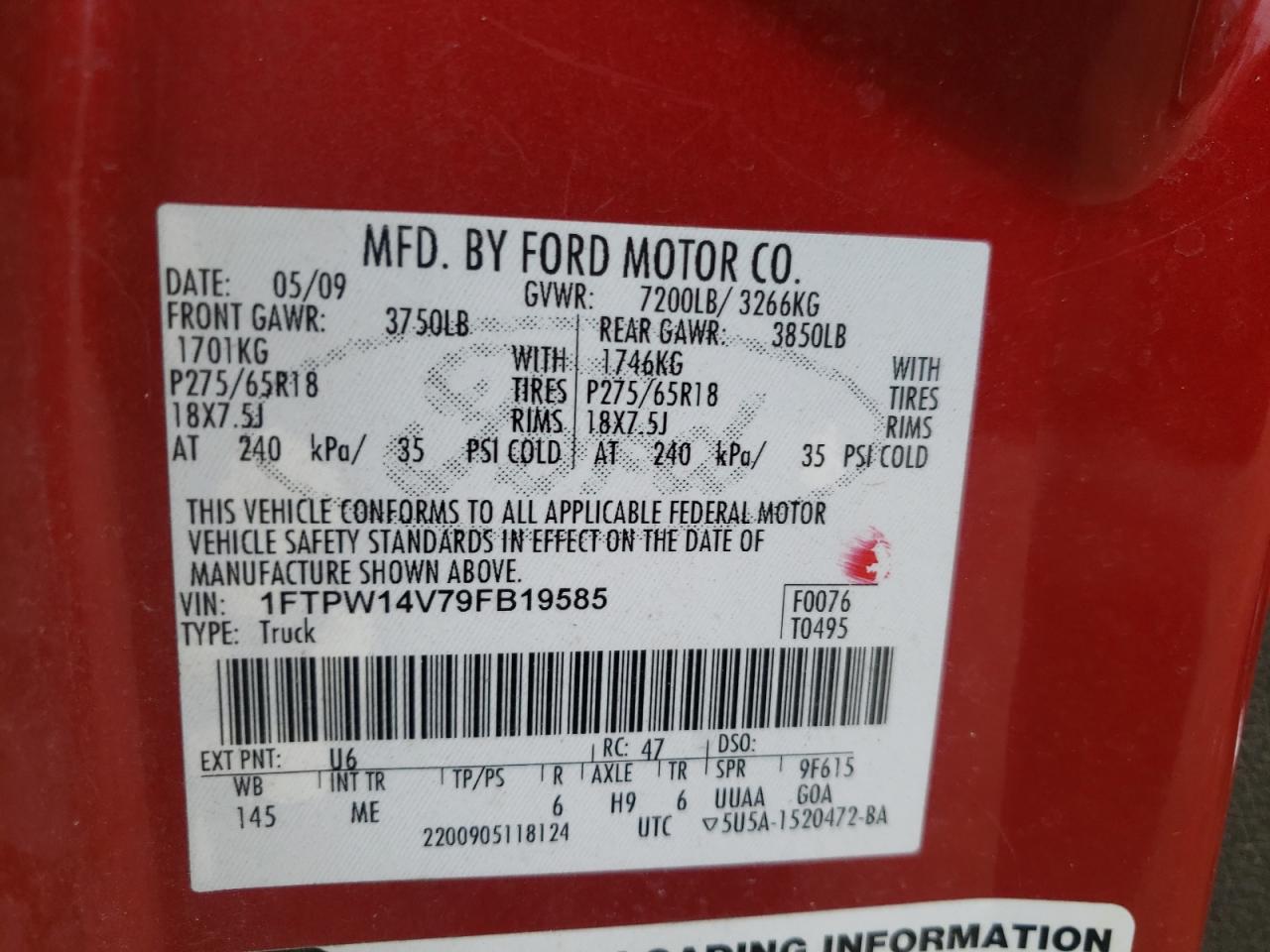 2009 Ford F150 Supercrew VIN: 1FTPW14V79FB19585 Lot: 81142925