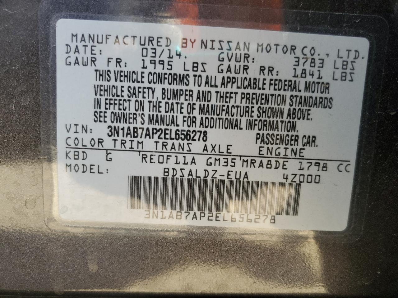 2014 Nissan Sentra S VIN: 3N1AB7AP2EL656278 Lot: 80282275