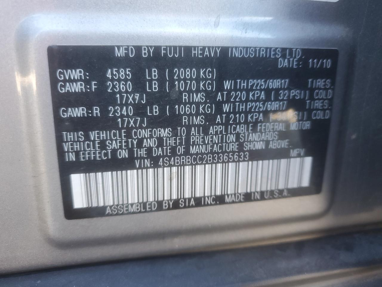 2011 Subaru Outback 2.5I Premium VIN: 4S4BRBCC2B3365633 Lot: 80710075