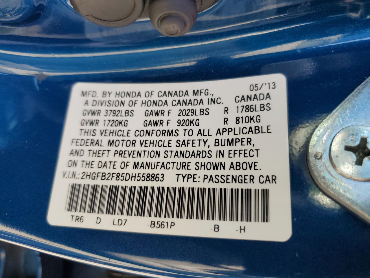 2013 Honda Civic Ex VIN: 2HGFB2F85DH558863 Lot: 71927315