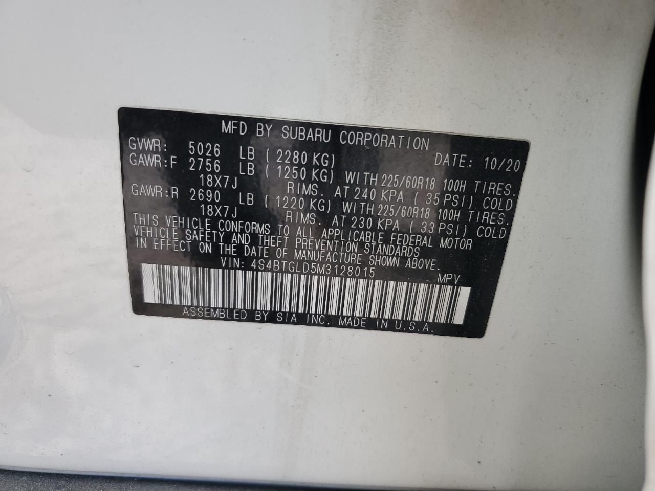 2021 Subaru Outback Onyx Edition Xt VIN: 4S4BTGLD5M3128015 Lot: 80171675