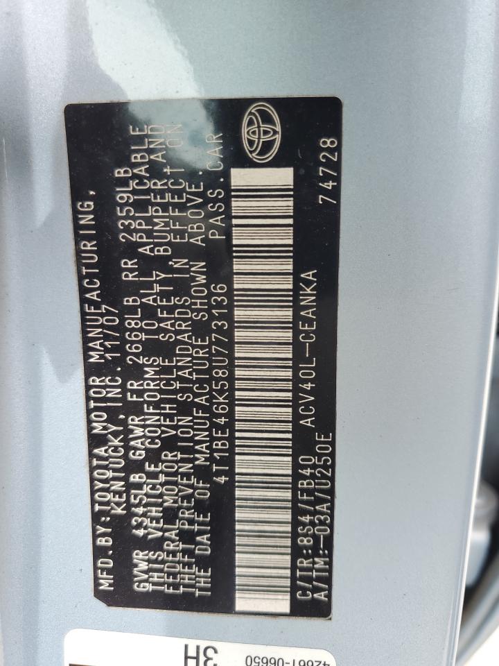 2008 Toyota Camry Ce VIN: 4T1BE46K58U773136 Lot: 81269515