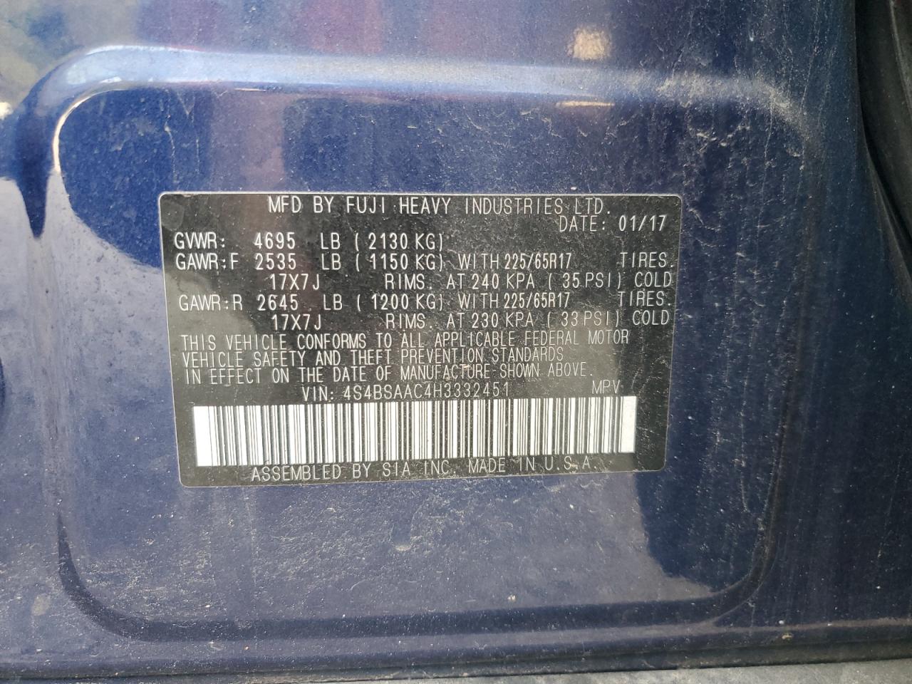 2017 Subaru Outback 2.5I VIN: 4S4BSAAC4H3332451 Lot: 84598945