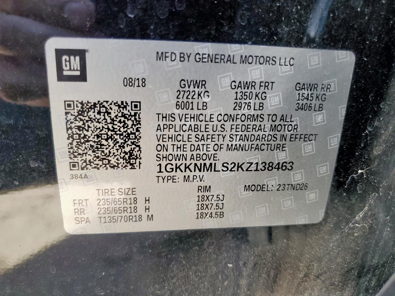 2019 GMC Acadia Slt-1 VIN: 1GKKNMLS2KZ138463 Lot: 81824215