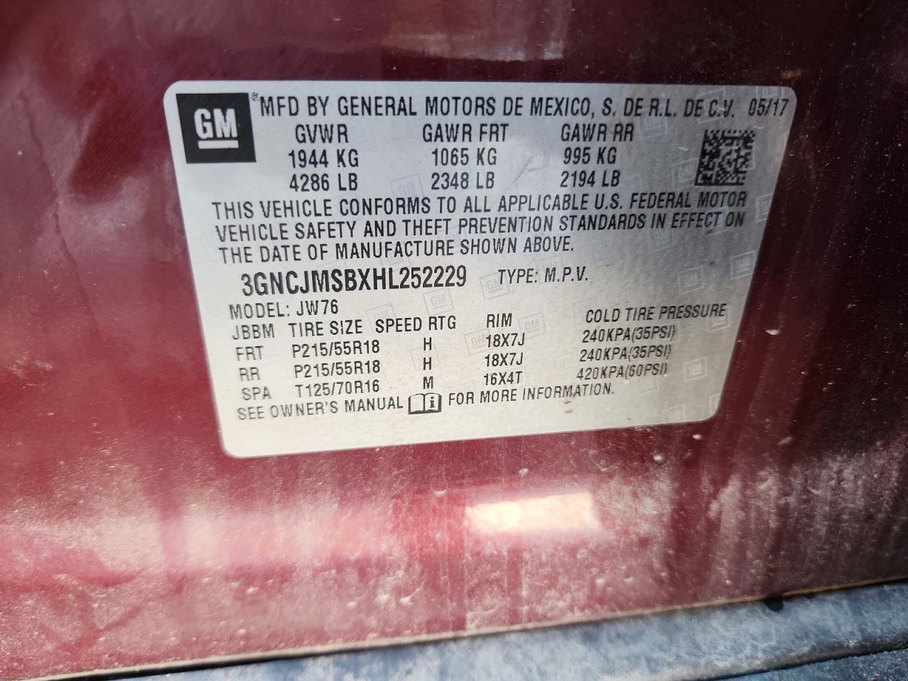 2017 Chevrolet Trax Premier VIN: 3GNCJMSBXHL252229 Lot: 71449565