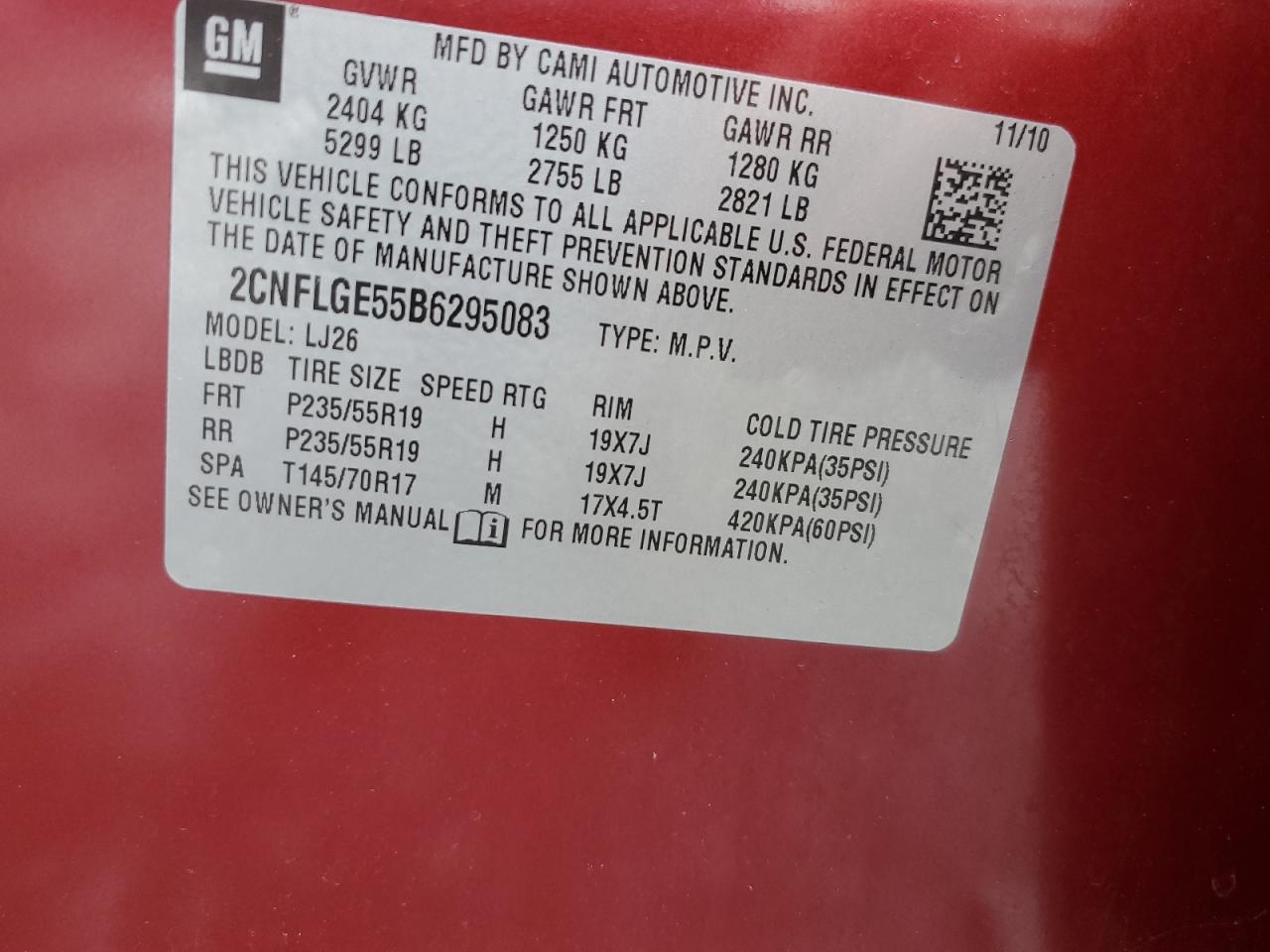 2011 Chevrolet Equinox Ltz VIN: 2CNFLGE55B6295083 Lot: 84196085