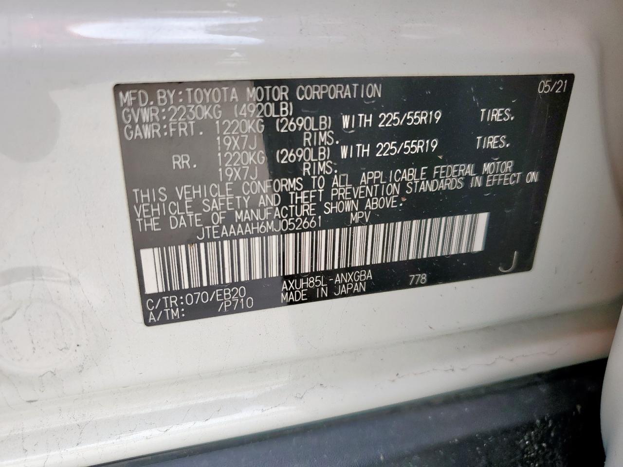 2021 Toyota Venza Le VIN: JTEAAAAH6MJ052661 Lot: 84442555