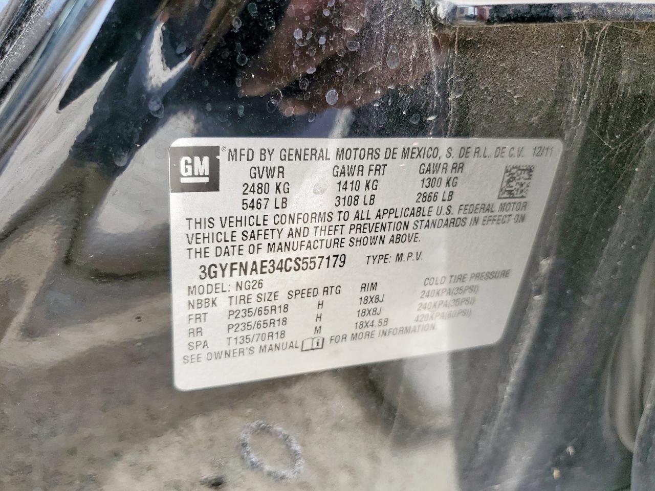 2012 Cadillac Srx Luxury Collection VIN: 3GYFNAE34CS557179 Lot: 82028535