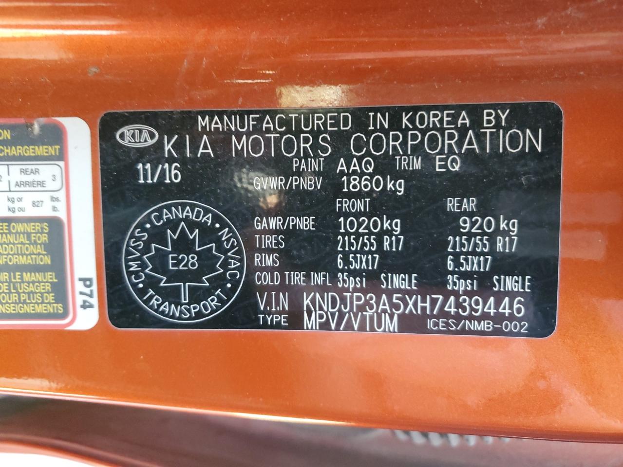 2017 Kia Soul + VIN: KNDJP3A5XH7439446 Lot: 81502405