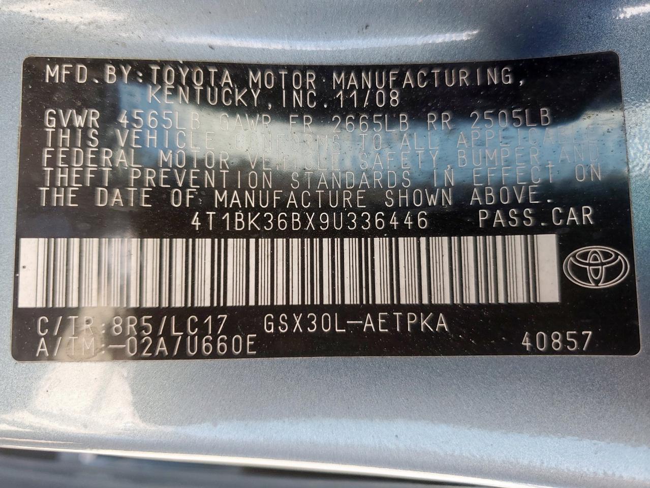 2009 Toyota Avalon Xl VIN: 4T1BK36BX9U336446 Lot: 81844105