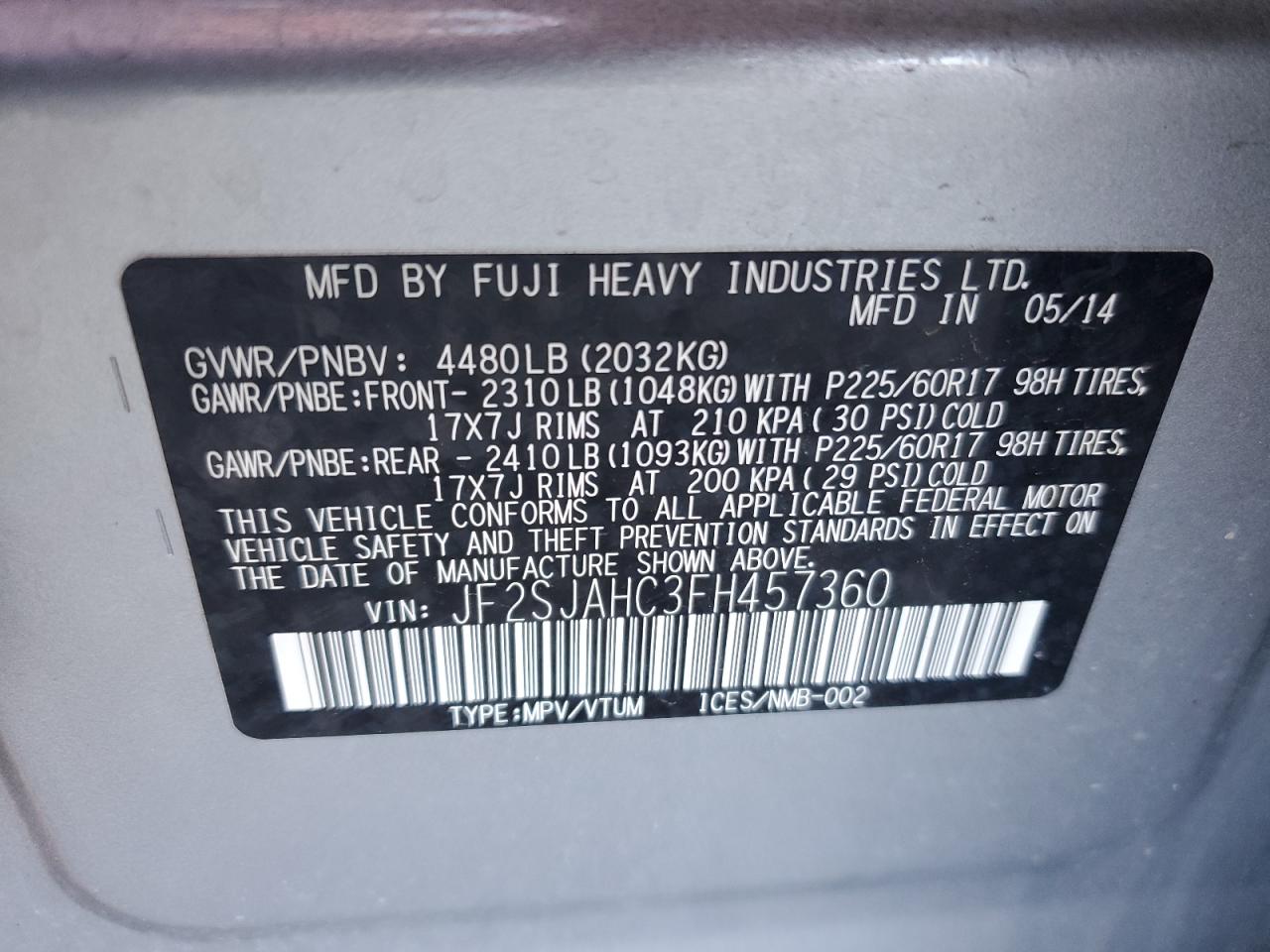 2015 Subaru Forester 2.5I Limited VIN: JF2SJAHC3FH457360 Lot: 80862235