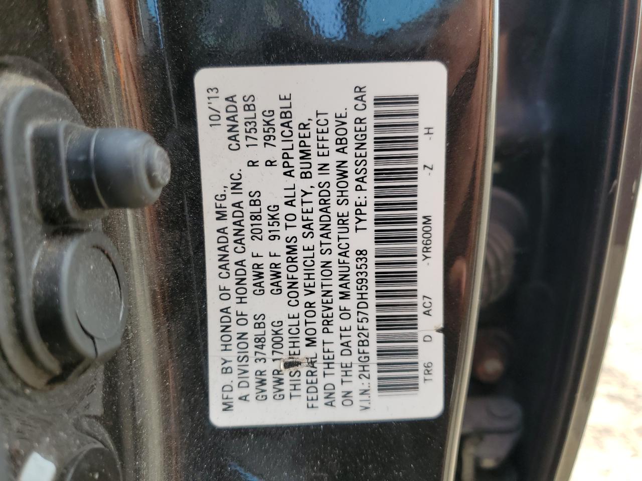 2013 Honda Civic Lx VIN: 2HGFB2F57DH593538 Lot: 80292655