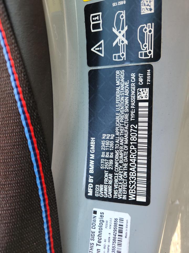 2024 BMW M4 Competition VIN: WBS33BA04RCP18072 Lot: 71218385