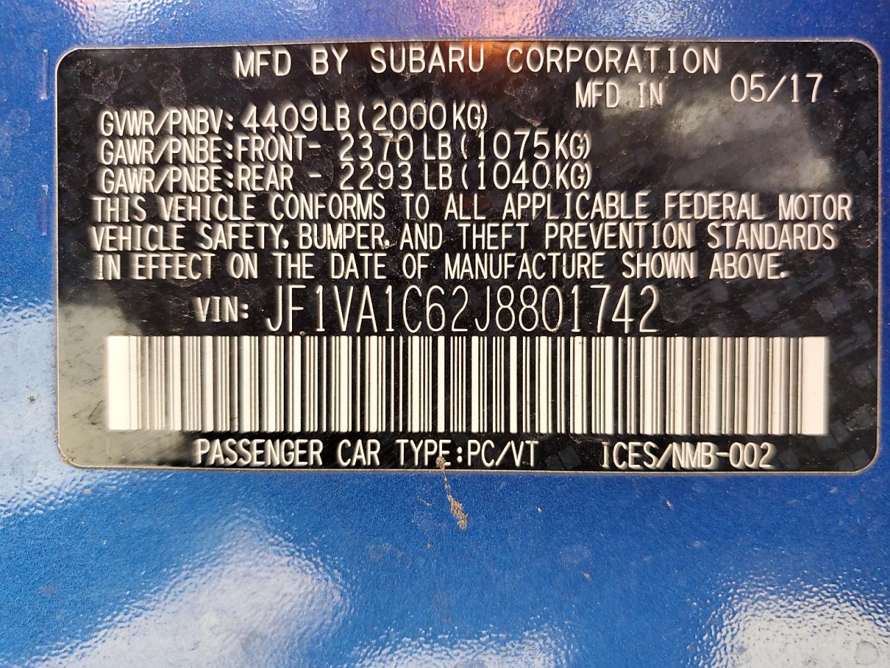 2018 Subaru Wrx Premium VIN: JF1VA1C62J8801742 Lot: 71565555