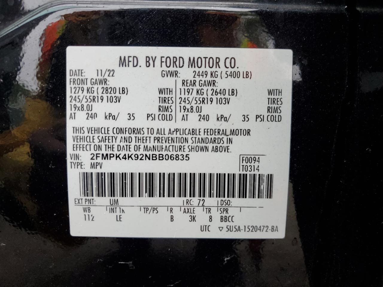 2022 Ford Edge Titanium VIN: 2FMPK4K92NBB06835 Lot: 72073235