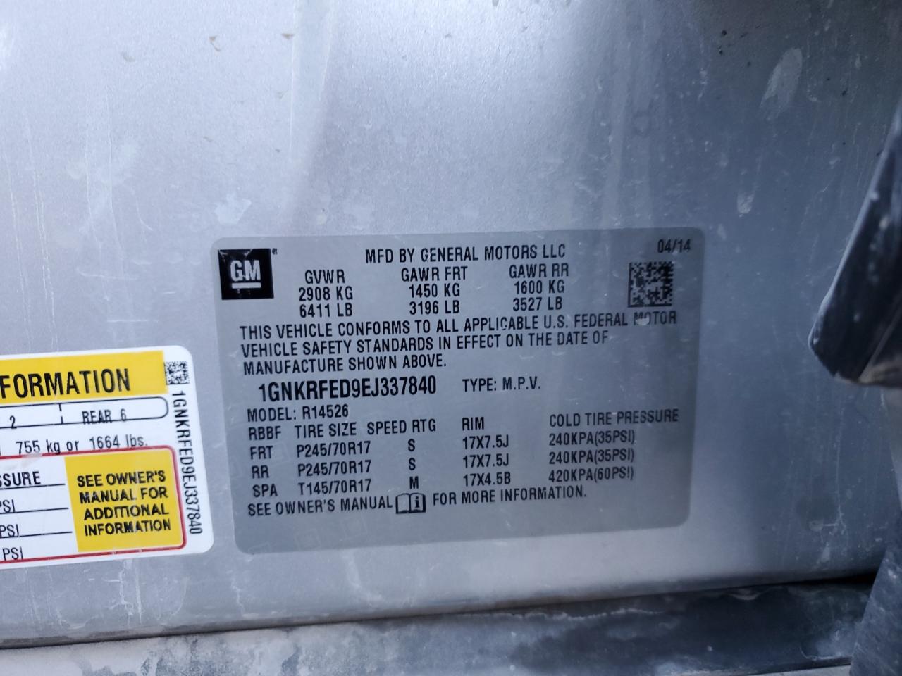 2014 Chevrolet Traverse Ls VIN: 1GNKRFED9EJ337840 Lot: 84032775