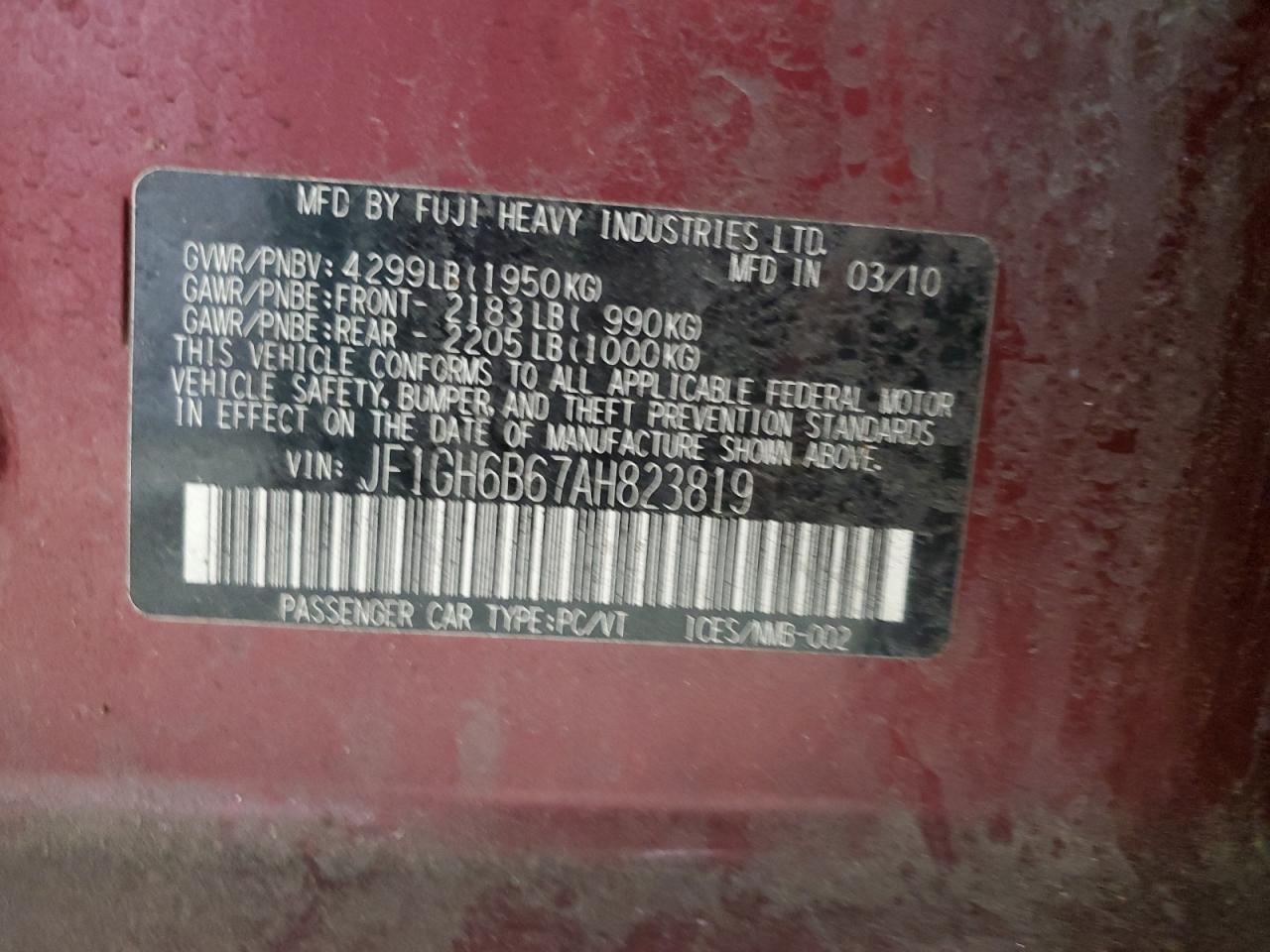 2010 Subaru Impreza 2.5I Premium VIN: JF1GH6B67AH823819 Lot: 81081525