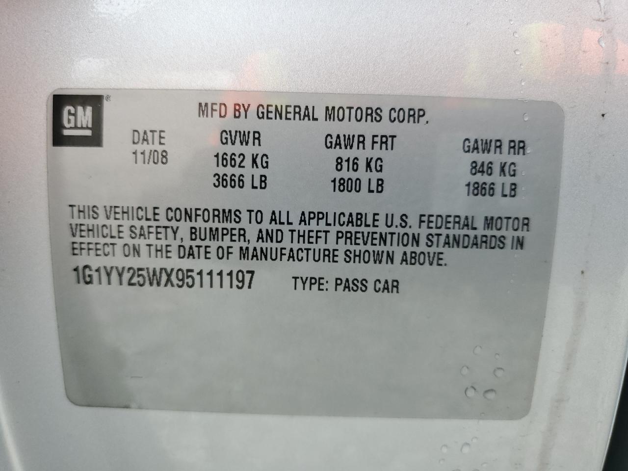 2009 Chevrolet Corvette VIN: 1G1YY25WX95111197 Lot: 84228785