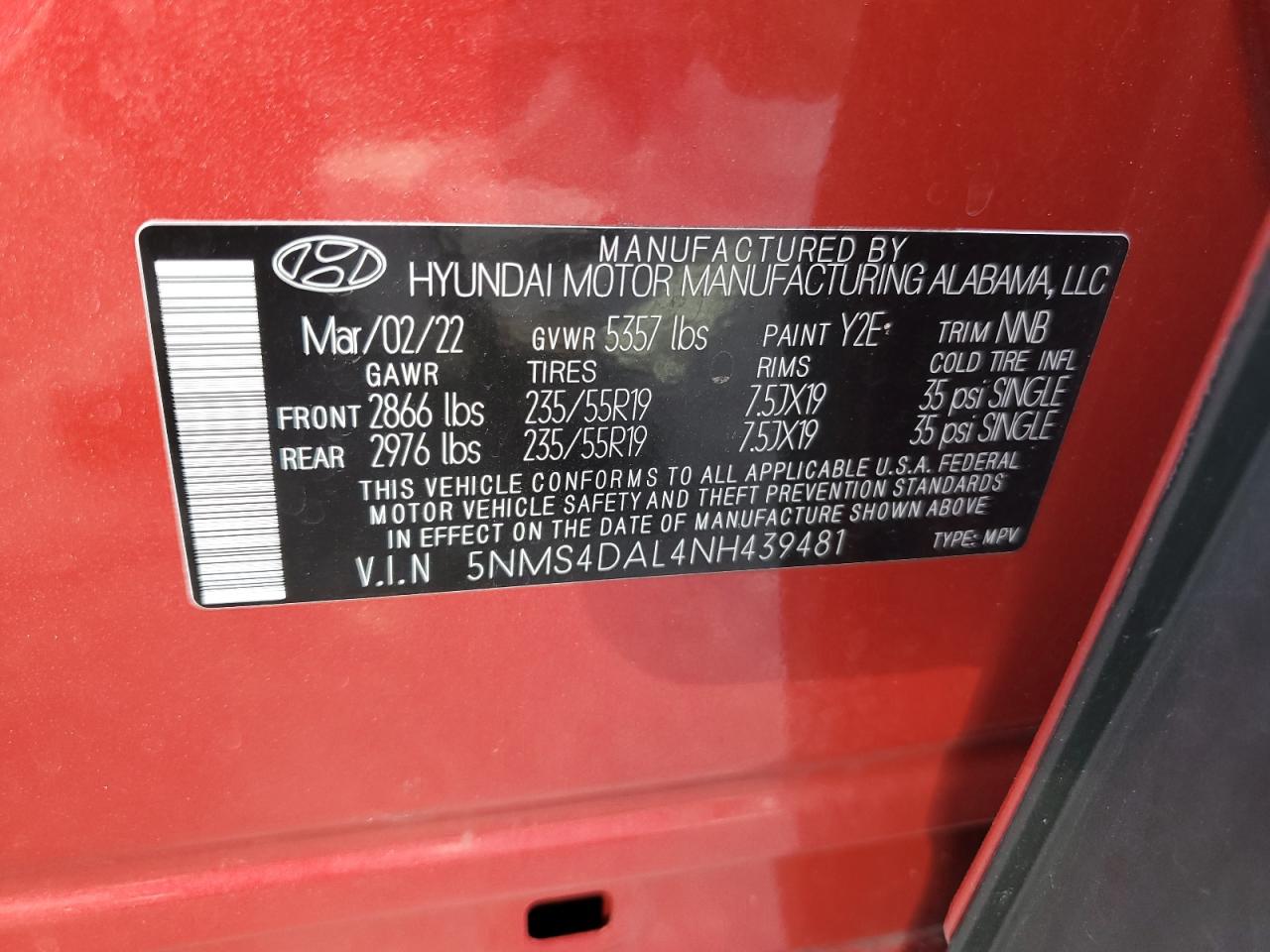 2022 Hyundai Santa Fe Limited VIN: 5NMS4DAL4NH439481 Lot: 71983975