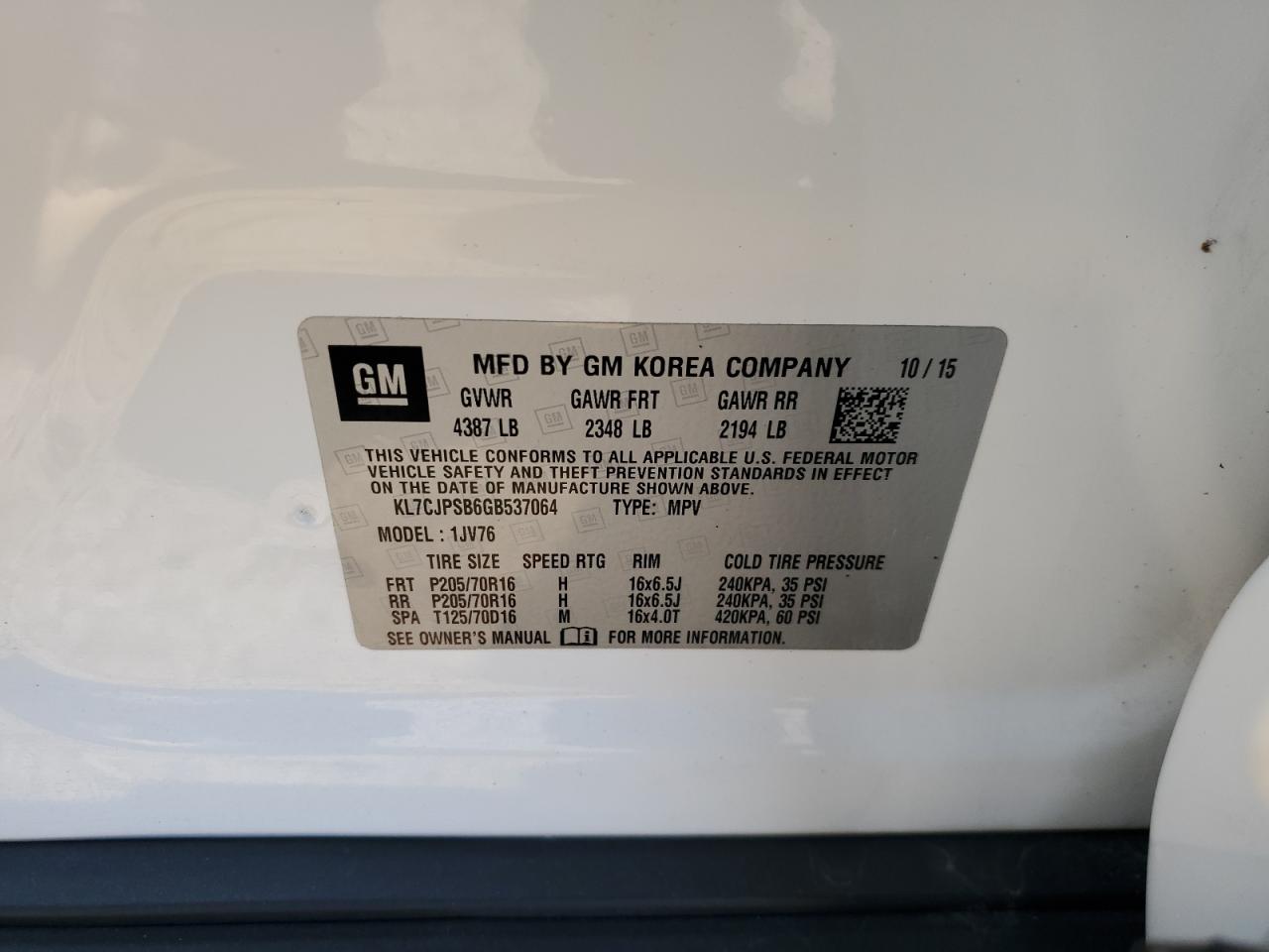 2016 Chevrolet Trax 1Lt VIN: KL7CJPSB6GB537064 Lot: 71649535