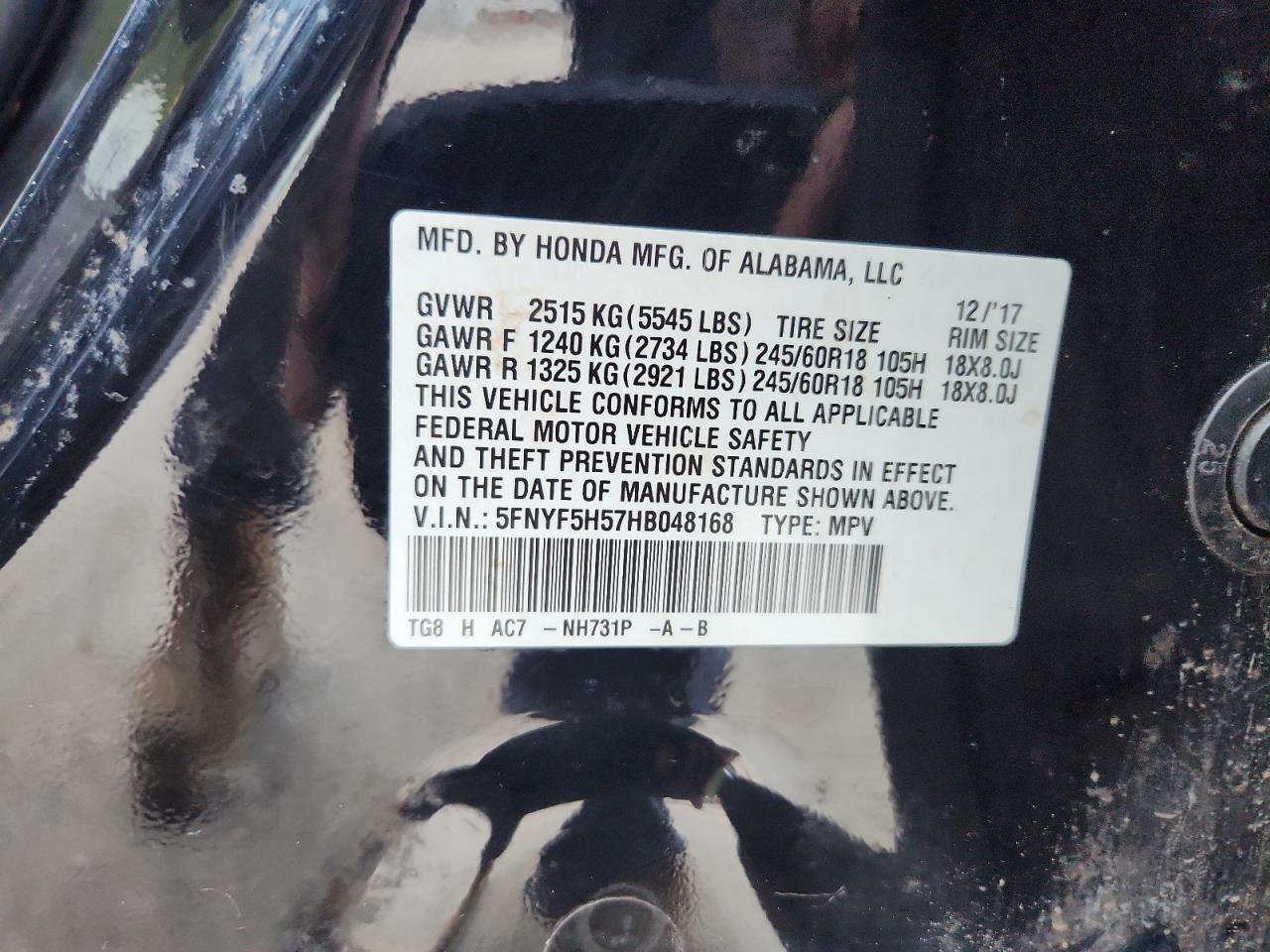 2017 Honda Pilot Exl VIN: 5FNYF5H57HB048168 Lot: 71128585