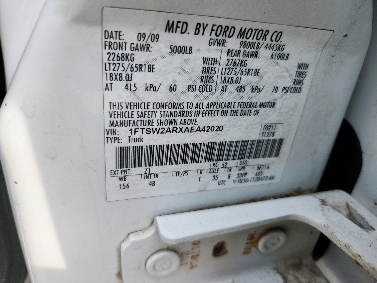 2010 Ford F250 Super Duty VIN: 1FTSW2ARXAEA42020 Lot: 71668225