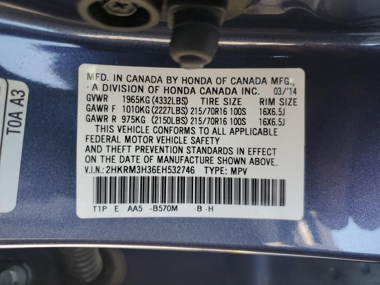 2014 Honda Cr-V Lx VIN: 2HKRM3H36EH532746 Lot: 80505135