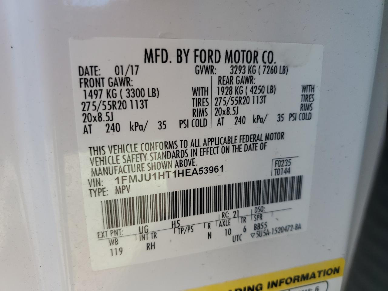 2017 Ford Expedition Xlt VIN: 1FMJU1HT1HEA53961 Lot: 81739205