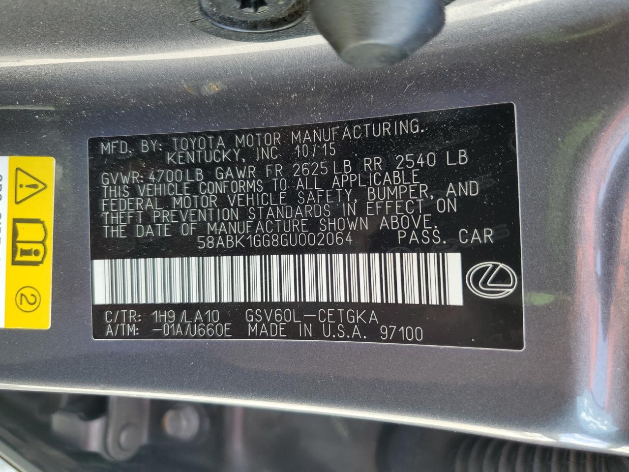 2016 Lexus Es 350 VIN: 58ABK1GG8GU002064 Lot: 80609205