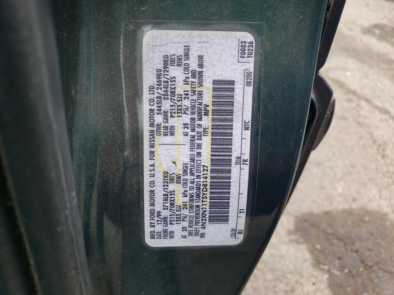 2000 Nissan Quest Se VIN: 4N2XN11T5YD814127 Lot: 80407495