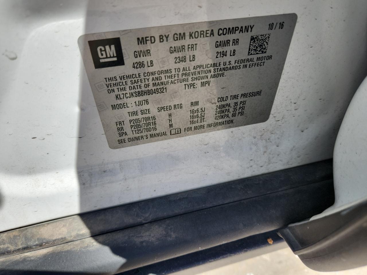 2017 Chevrolet Trax Ls VIN: KL7CJKSB8HB049321 Lot: 80999625