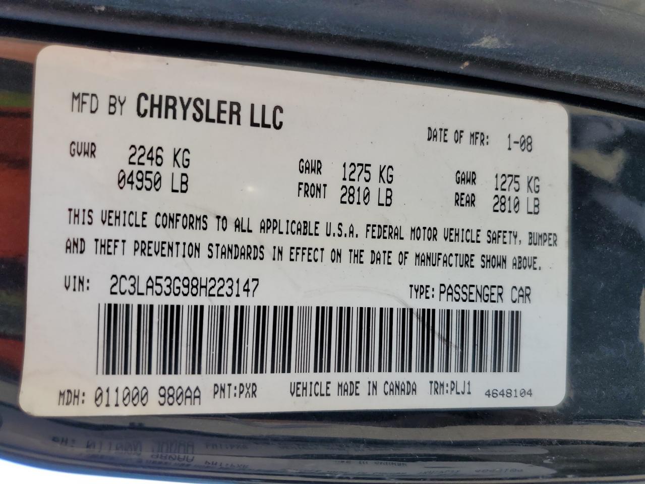 2008 Chrysler 300 Touring VIN: 2C3LA53G98H223147 Lot: 71844615