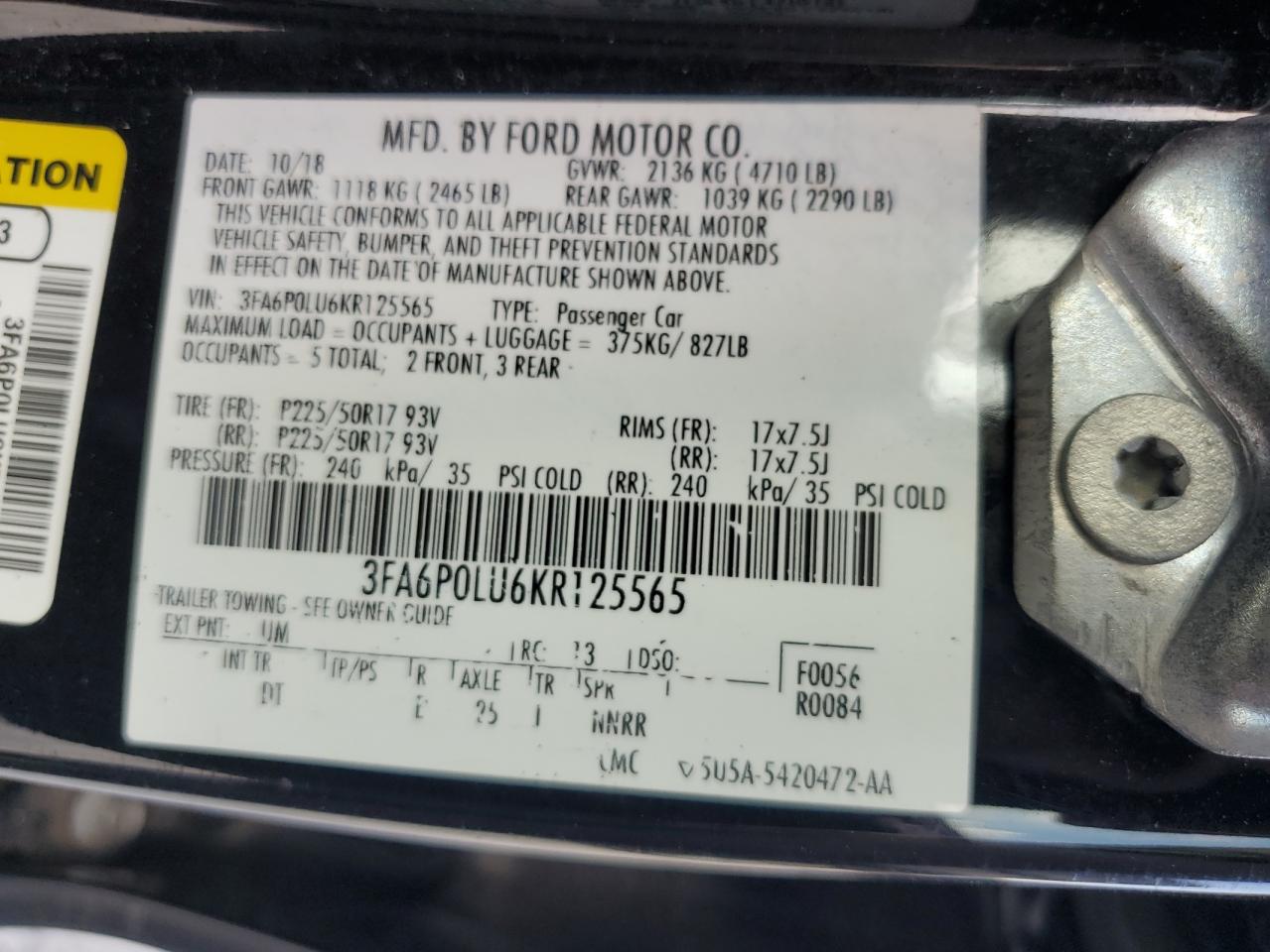 2019 Ford Fusion Se VIN: 3FA6P0LU6KR125565 Lot: 71502195