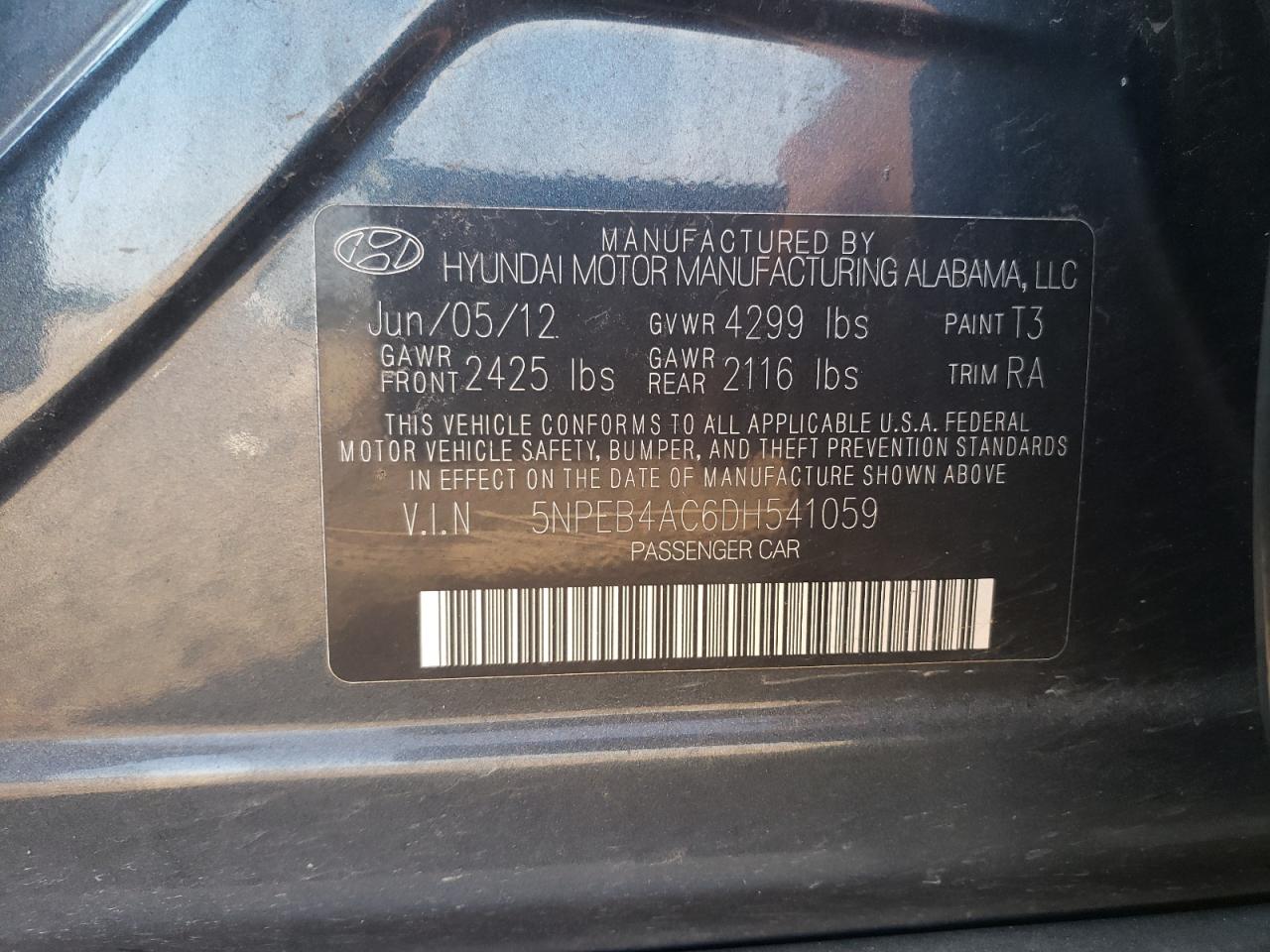 2013 Hyundai Sonata Gls VIN: 5NPEB4AC6DH541059 Lot: 71980725