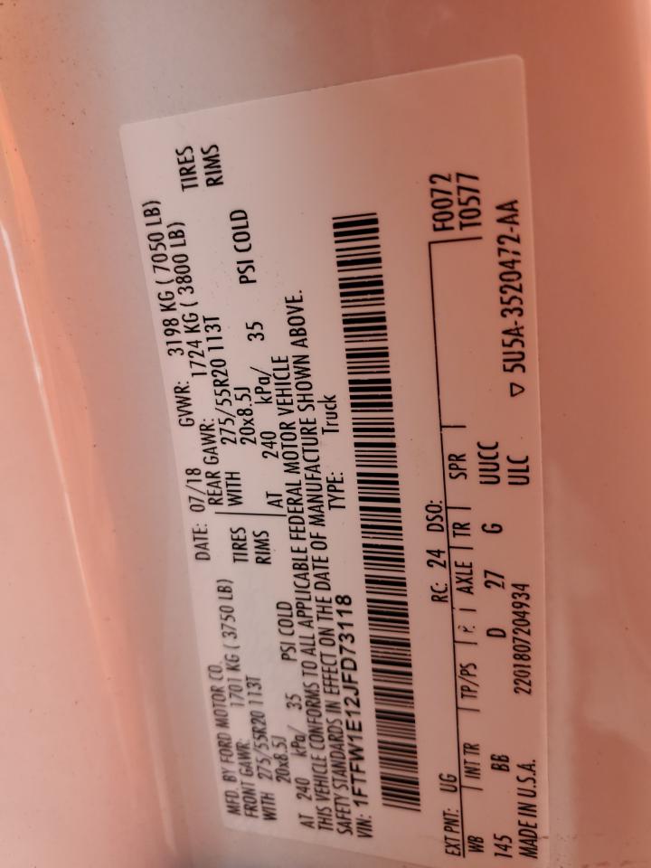 2018 Ford F150 Supercrew VIN: 1FTFW1E12JFD73118 Lot: 84455795