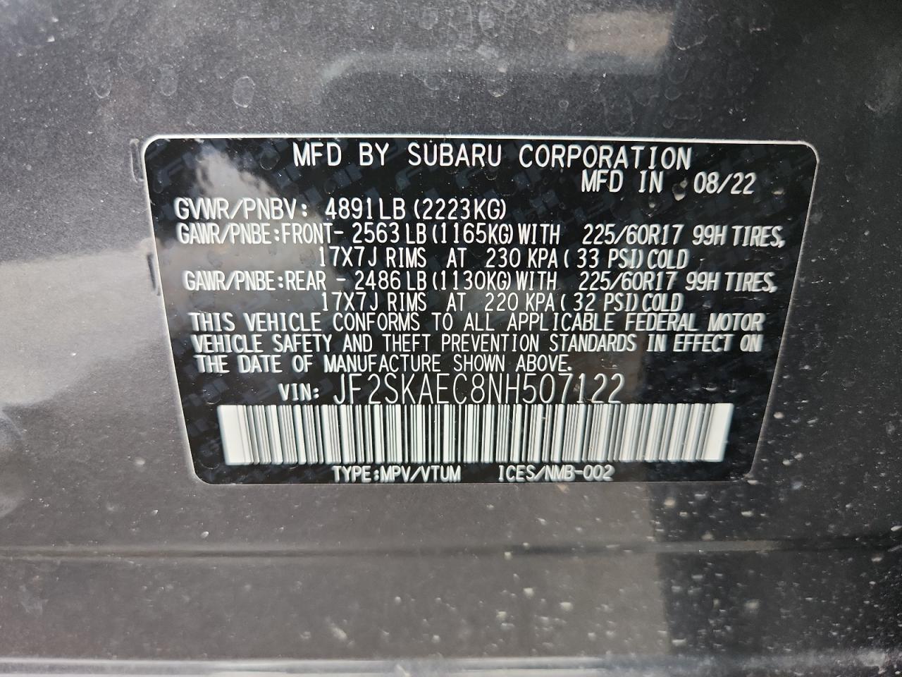 2022 Subaru Forester Premium VIN: JF2SKAEC8NH507122 Lot: 71924665