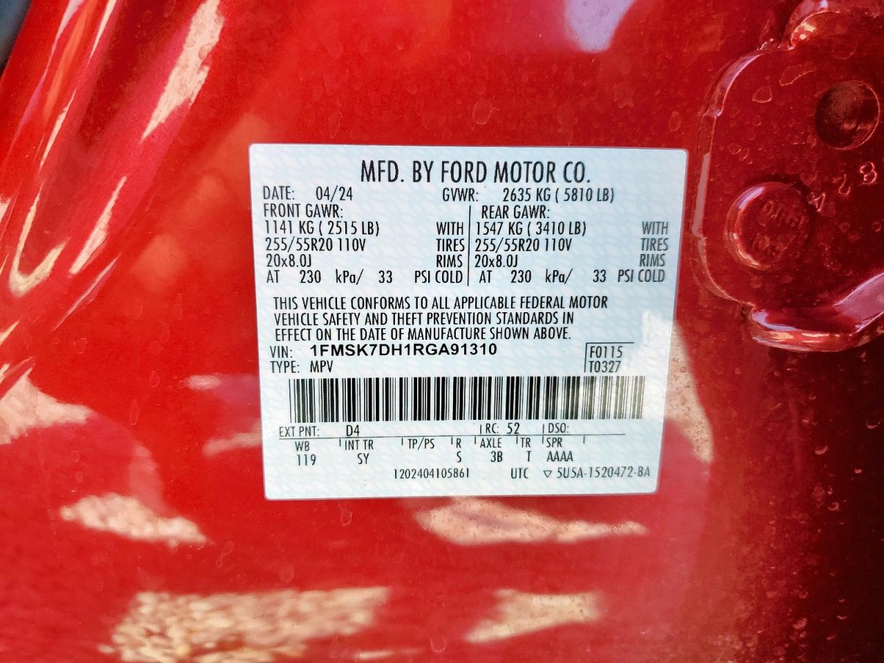 2024 Ford Explorer Xlt VIN: 1FMSK7DH1RGA91310 Lot: 71826395