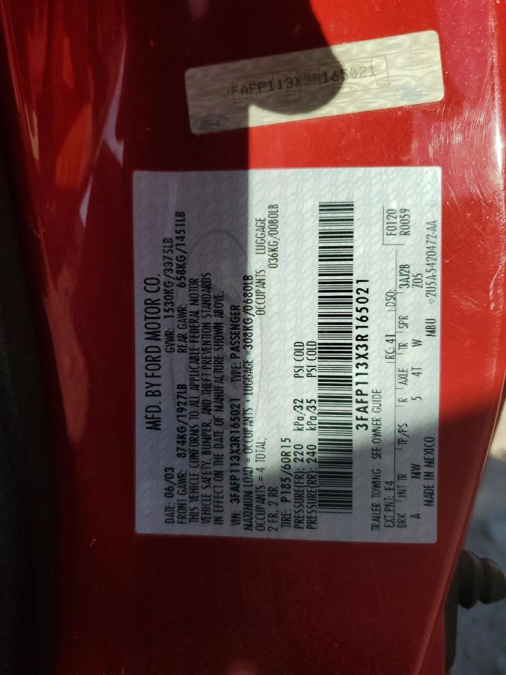 2003 Ford Escort Zx2 VIN: 3FAFP113X3R165021 Lot: 84242185