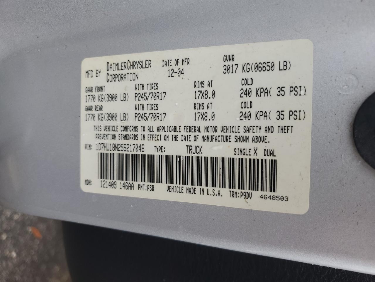 2005 Dodge Ram 1500 St VIN: 1D7HU18N25S217046 Lot: 82132485