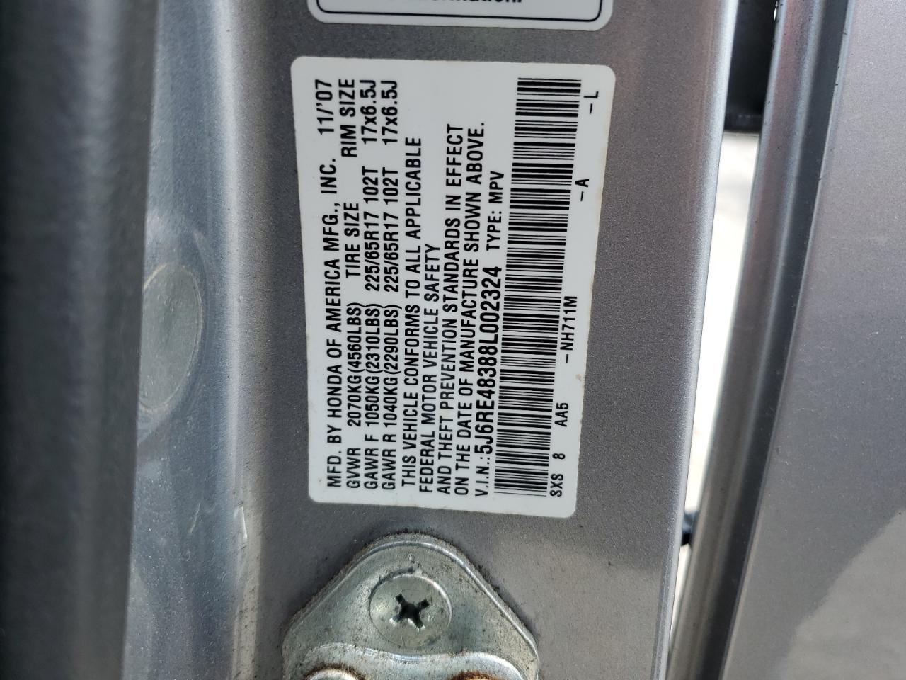 2008 Honda Cr-V Lx VIN: 5J6RE48388L002324 Lot: 80531775