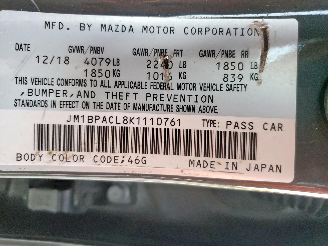 2019 Mazda 3 Preferred Plus VIN: JM1BPACL8K1110761 Lot: 80209755