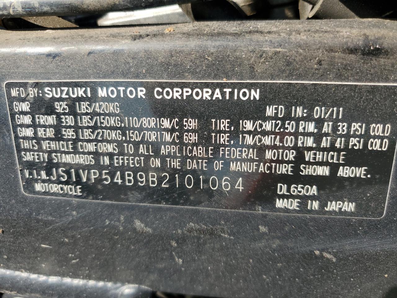 2011 Suzuki Dl650 A VIN: JS1VP54B9B2101064 Lot: 71865135